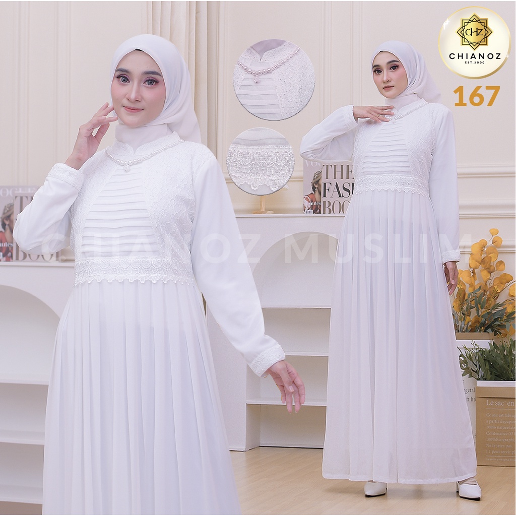 CHIANOZ Gamis Putih Mewah Talita Dress Brukat Renda Baju Lebaran Umroh Haji Manasik Pesta Akad 167