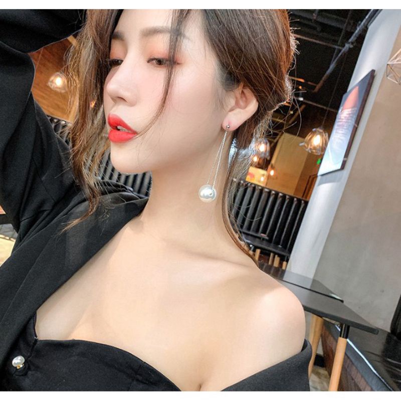 Anting Hijab Rantai Mutiara Juntai Wanita Silver Gold Gaya Korea