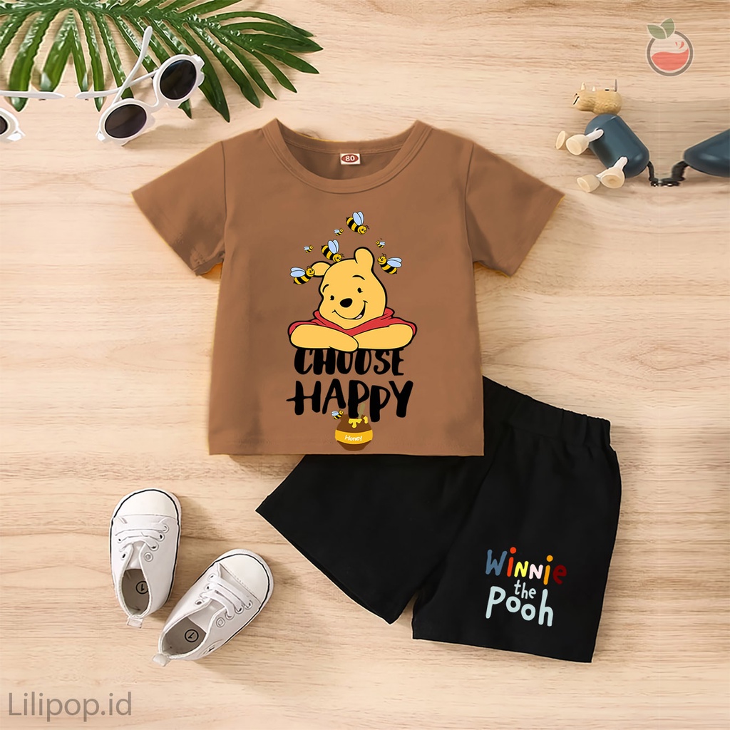 Baju Anak Stelan Kaos 3/4 POOH DISNEY Cowok Cewek  Usia 1 - 4 Tahun Celana Pendek Harian