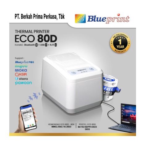 Printer thermal blueprint eco bluetooth wired Usb-B rj11 80mm for receipt cashier ticket toll parking bp-eco80d 80d