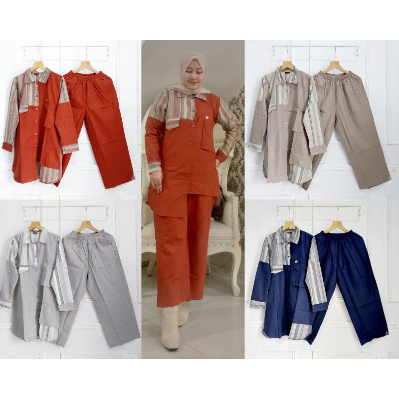 3 in 1 One Set  Cel Linen Premium Katun Haruka Nsw//Setelan Celana Linen//Set Wanita Simple