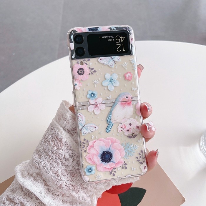 Casing Hard Case Transparan Shockproof Motif Kartun Bunga Z Flip 3/4