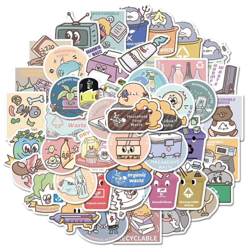 50pcs garbage classification funny cartoon stickers exquisite notebook computer decorative waterproof stickers