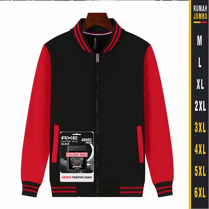 Jaket Bomber Varsity Hitam Merah Oversize XXL - 6XL Sweater Baseball Pria Wanita Jumbo Big Size