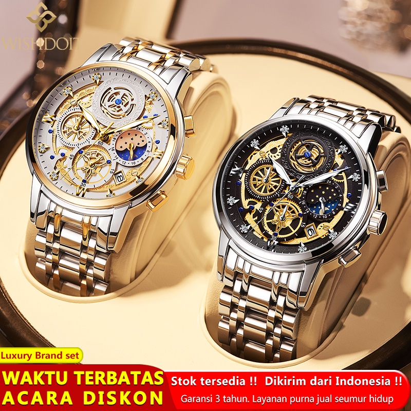 WISHDOIT Jam Tangan Pria Original Tahan Anti Air Laki Laki Lelaki Terbaru Keren Jam Tangan Cowok Besi Tahan Karat Silver/Hitam Luxury Men Watch Waterproof Stainless Steel Fashion Analog Sun/Moon/Stars Multifunction Chronograph Mechanical [Real Three Eyes]-1