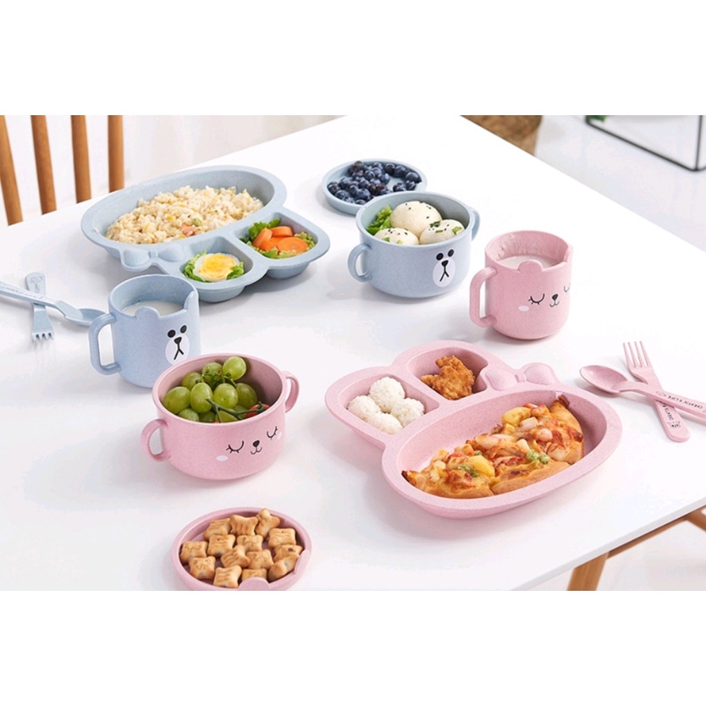 PIRING MAKAN ANAK MELODY SERAT GANDUM BPA FREE FOOD GRADE / PIRING MAKAN BAYI SEKAT + SENDOK + GARPU MOTIF KELINCI/ PERALATAN MAKAN ANAK / SET PIRING MAKAN ANAK LUCU MOTIF RABBIT MELODY (IP)