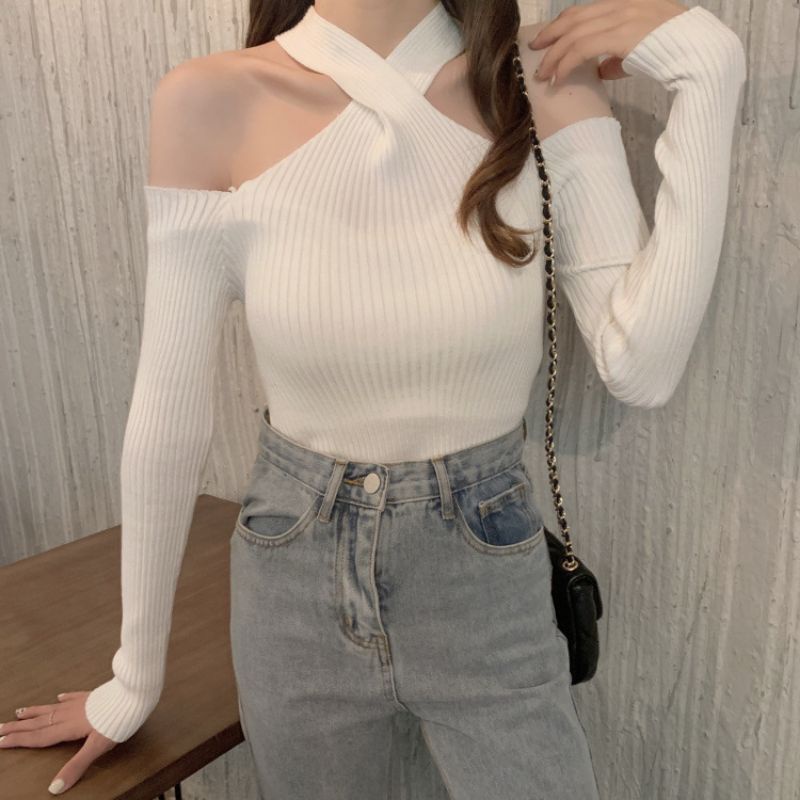 KNIT AVERYL ALAIA TOP KNIT ATASAN RAJUT WANITA Knitwear Fashion Korean Crop Long Sleeve Halterneck Knit Top Atasan Korean Style Wanita