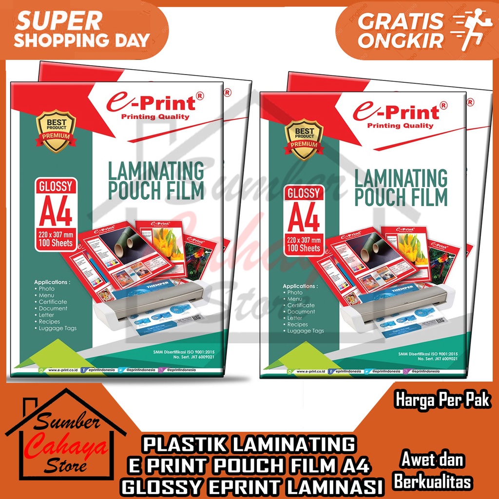 

A4 LAMINATING POUCH FILM PLASTIK EPRINT E PRINT GLOSSY PELASTIK LAMINASI PHOTO DOKUMEN SURAT PELAPIS PLASPIS COVER KOVER BUKU MAJALAH FLYER F4 VINYL PINIL PINYL VINIL FOTO 220 X 307 MM 220X307 BENING CETAK PRINTING KERTAS