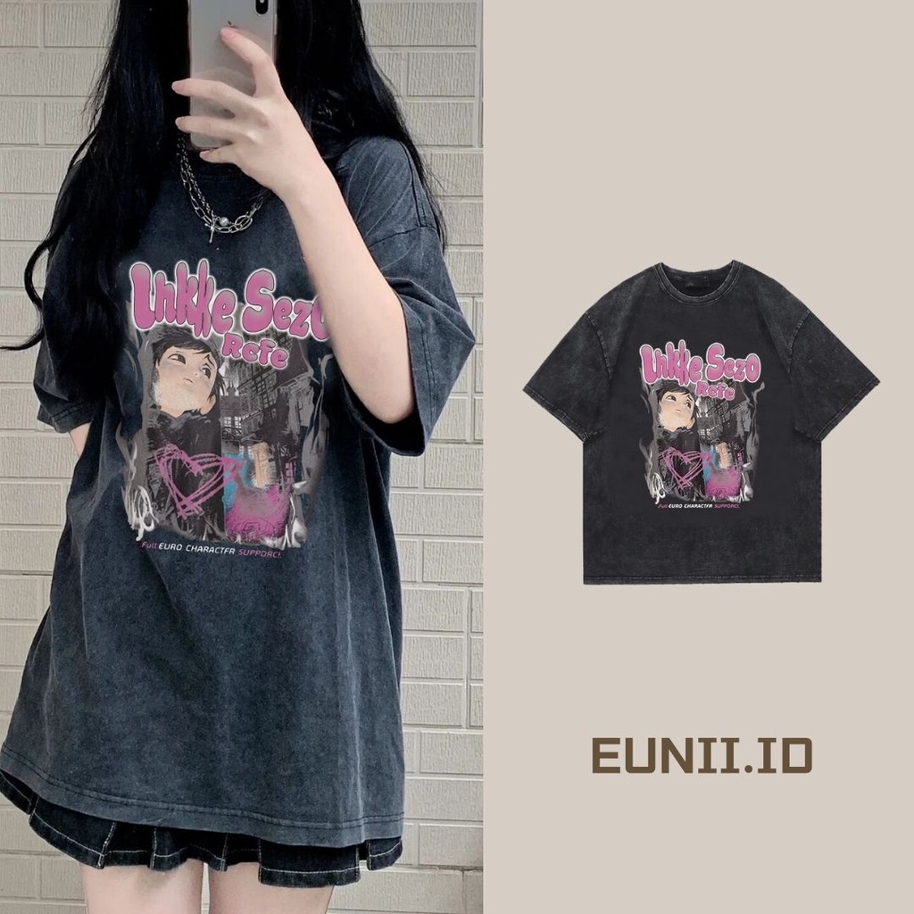 EUNII T-shirt Lengan Pendek Black Washed Retro Anime Character Printing Korean Style/Kaos Atasan Wanita/Baju Wanita/Kaos Wanita