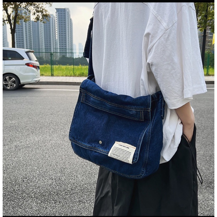 Keno Denim Korean Jeans Slingbag Kasual Plain Unisex -Tas Wanita Pria Casual Import Medium size Streetstyle