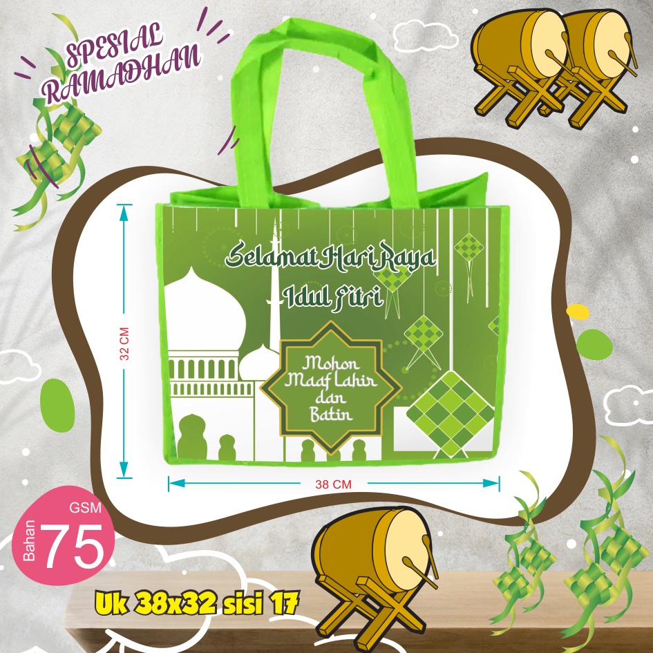 

Tas Parsel GOODIE BAG IDUL FITRIUk. T :32 P : 40 L : 18 cm tebal 75gsm PREMIUM bahan tebal sponbound