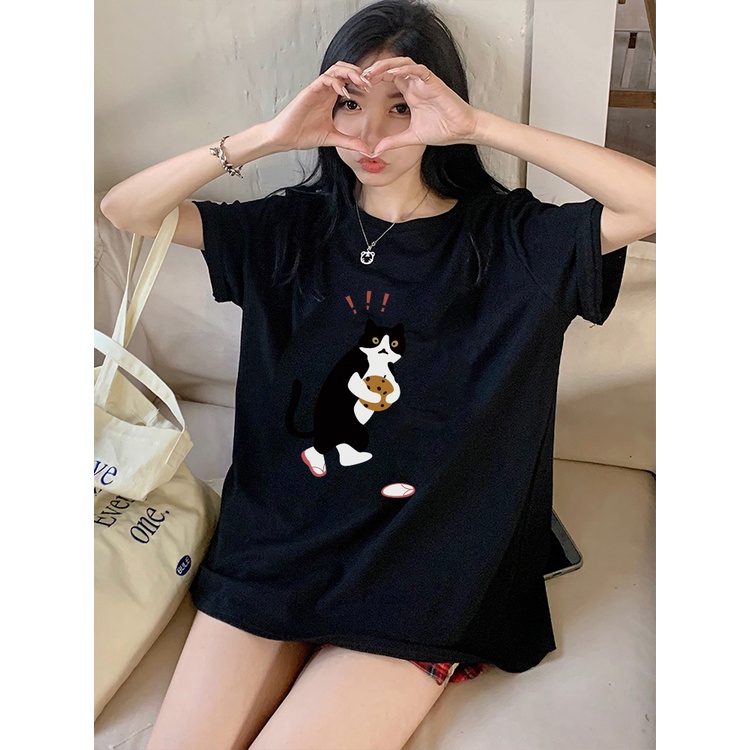 XIAOZHAINV Kaos Atasan Wanita Cat Lost Shoes Pattern Lengan Pendek A0295