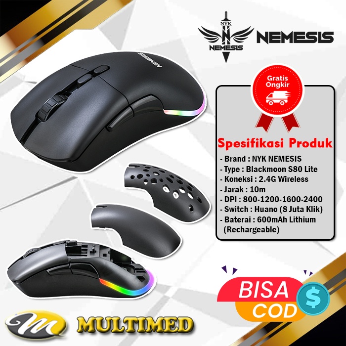 Mouse Gaming Wireless NYK Nemesis S80 Lite Blackmoon