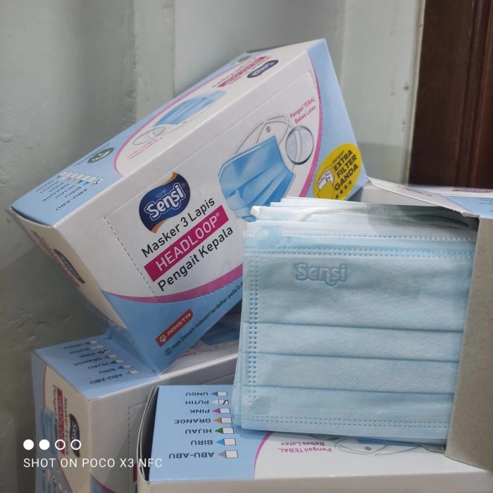 TERLARIS Masker Sensi Headloop Hijab warna Biru isi 40