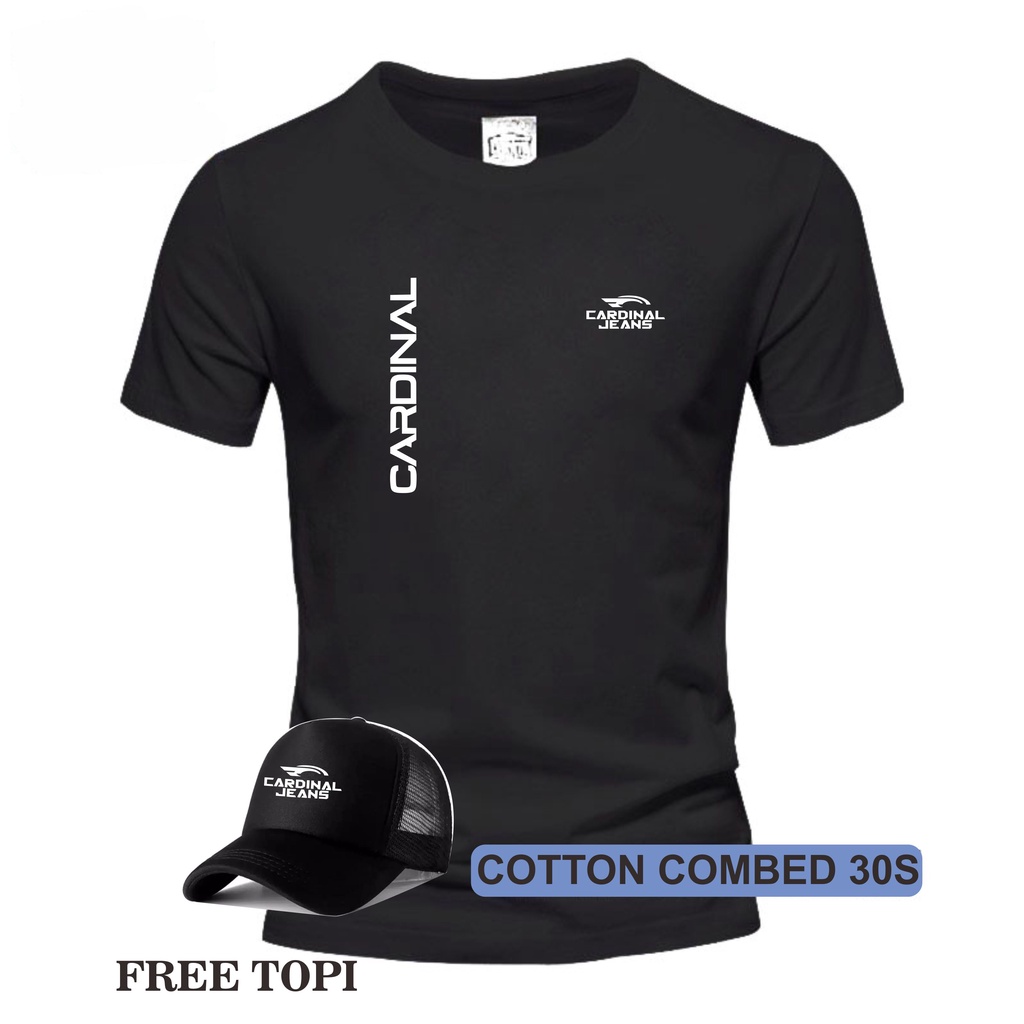 Kaos distro cowok Cewek cardinal jeans text kiri kanan putih ( Gratis topi ) Cutton Combed 100% / ka