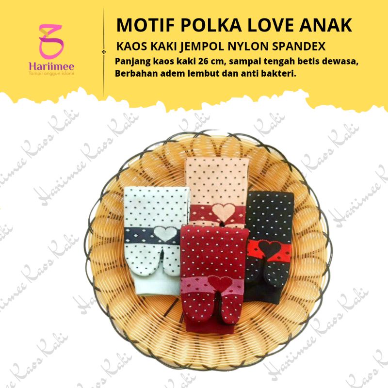 [COD bisa] Motif Polka Love Anak  Kaos Kaki Jempol Jari Muslimah Nylon Spandex premium adem lembut padang sumbar mewah murah sumatera barat