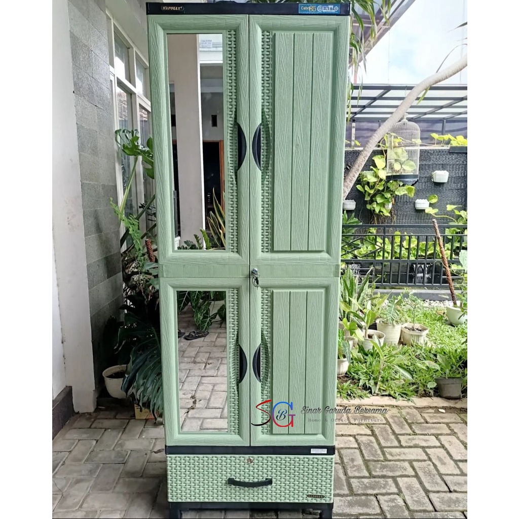 LEMARI PAKAIAN PLASTIK 2 PINTU + LACI + KACA / LEMARI FULL RAK / LEMARI ADA GANTUNGAN NAPOLLY