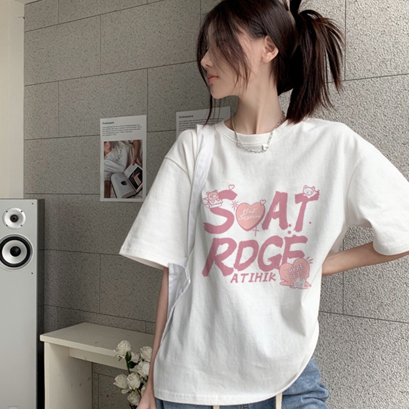 Print T-shirt Kaos Lengan Pendek Pink English Baju Wanita Oversize Korean Style