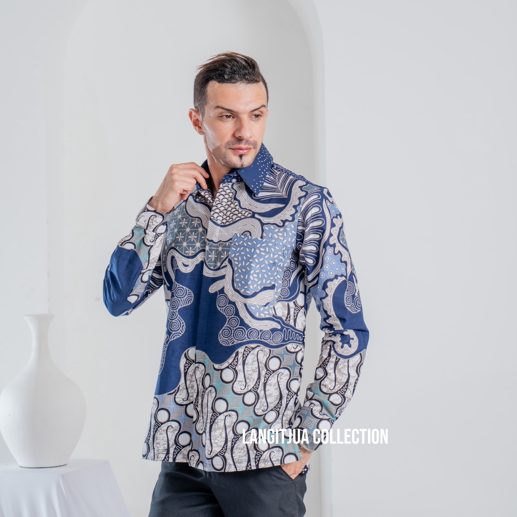 SARIMBIT BAJU BATIK MOTIF ABSTRAK PARANG-OMBAK NAVY | COUPLE BAJU BATIK KEMEJA DAN TUNIK