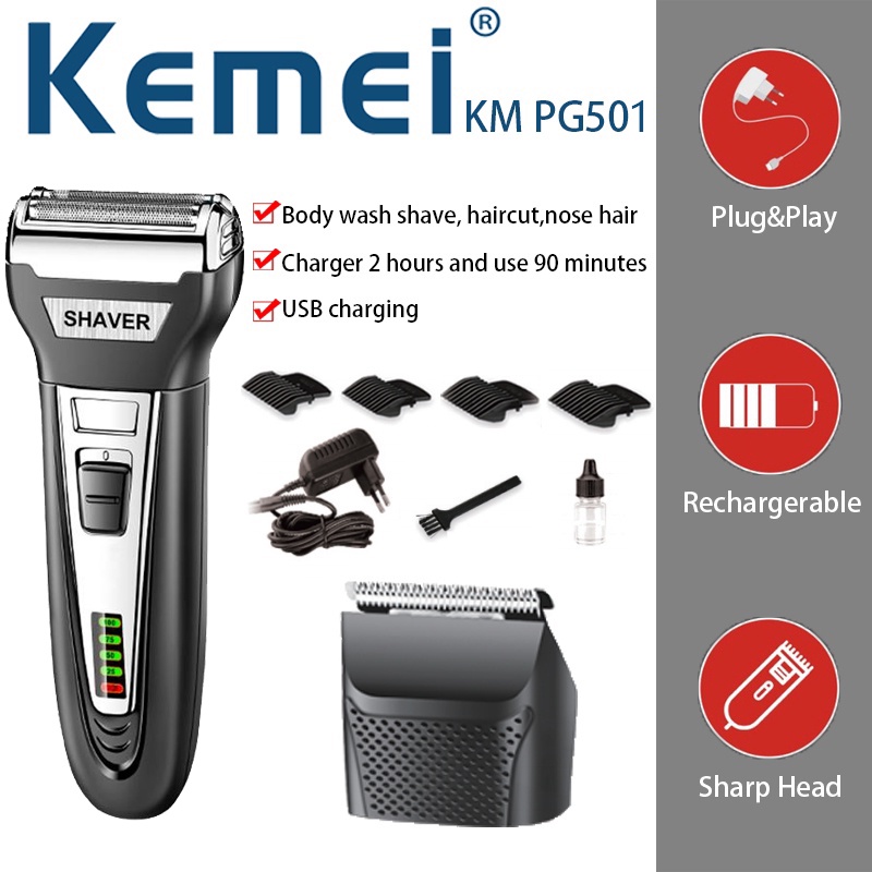 Kemei KM-PG501 Men's Electric Beard Shaver 2 in 1 Wet Dry Cordless Hair Trimmer USB Rechargeable Hair Trimmer Facial Care