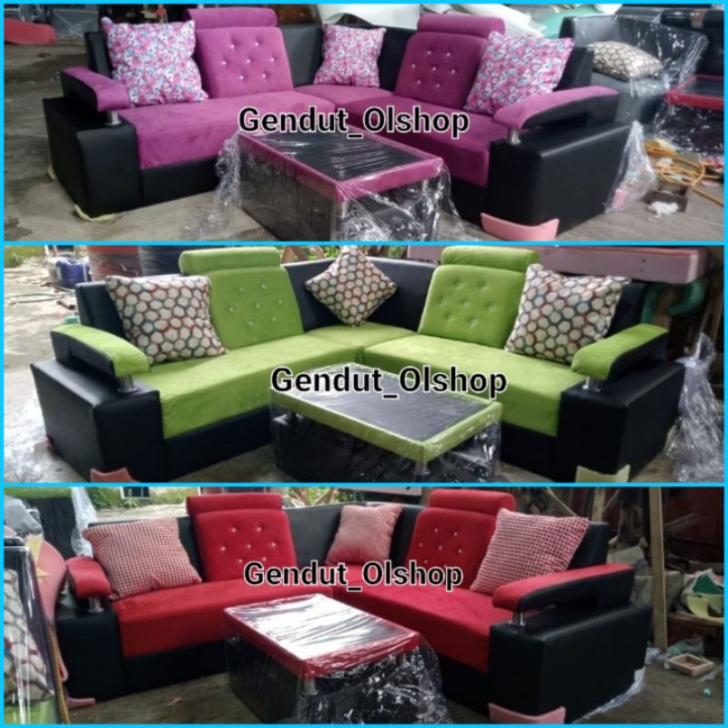 (Khusus Wilayah Kota Palembang) Kursi Tamu/Sofa Tamu Bludru Minimalis Type L, Sofa Tamu Kain Kombina