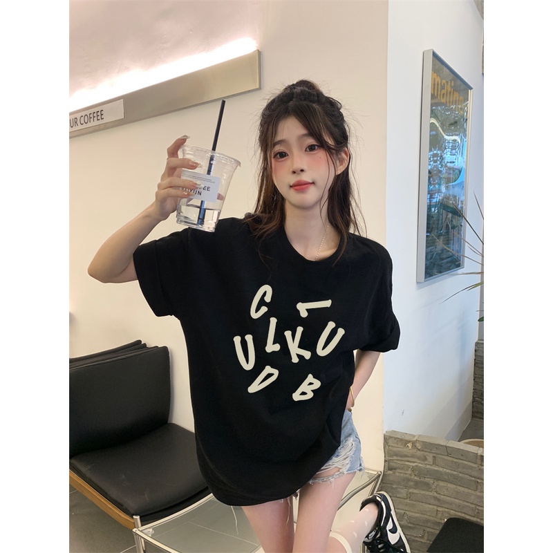 EUNII T-shirt Lengan Pendek Gaffiti In English Korean Style/Kaos Atasan Wanita/Baju Kaus Oversize Wanita/Kaos Wanita