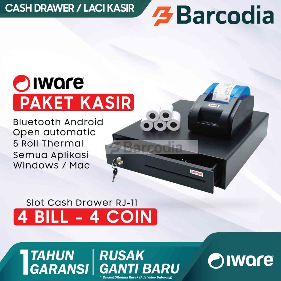 PAKET KASIR IWARE / PPOB ANDROID ( CASH DRAWER + PRINTER BLUETOOTH + KERTAS 5 ROLL )