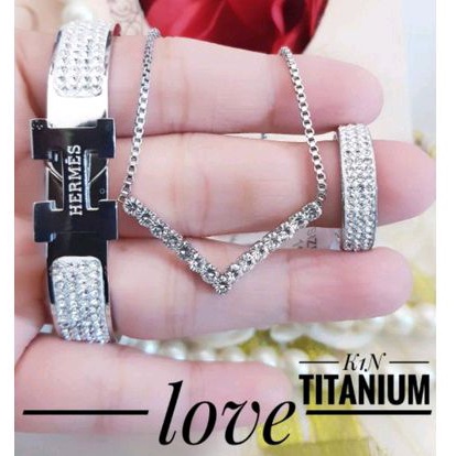 Set Perhiasan Titanium Wanita Gelang H Set Kalung Fuji Dan Cincin Full Mata 103a3