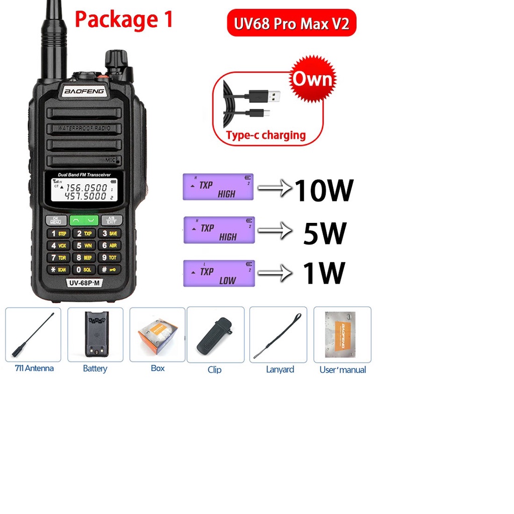 HT UV68 PRO MAX V2 Walkie Talkie IP68 10W Dual Band USB-C Charging