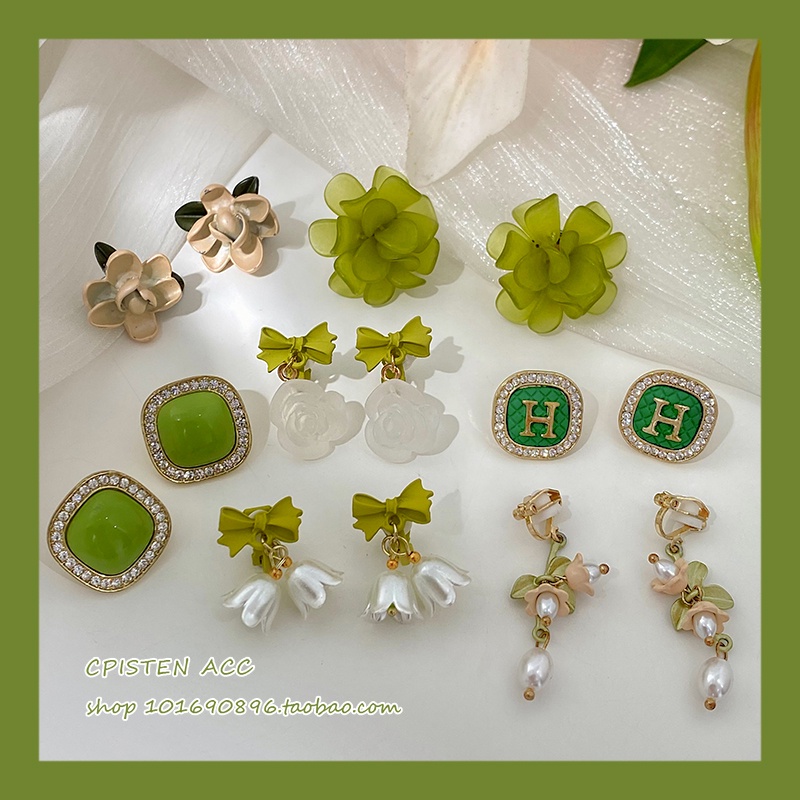 Fashion Anting Hijau Tindik Wanita Klip Telinga Bunga Tradisional