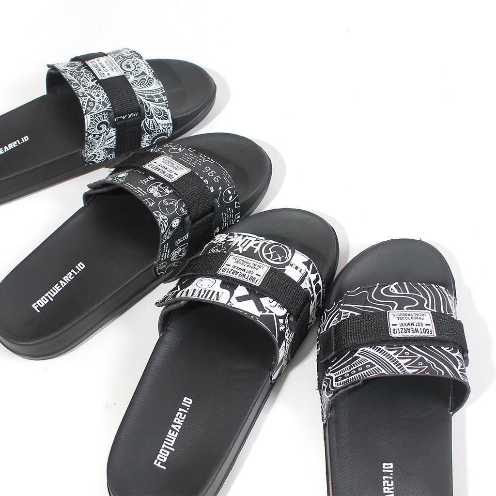 Footwear21.id - Xenia Black White | Slippers | Sandal Pria | Slide Slip on | Sendal Anti Licin Ringan Selop  | Sandal Murah