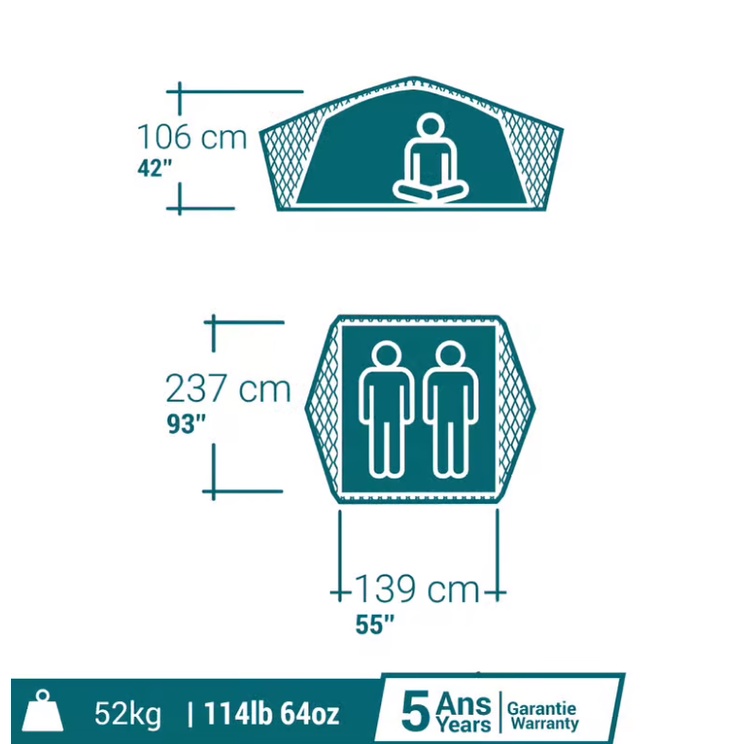 QUECHUA MH500 Tenda Fresh &amp; Black Untuk 2 Orang Roof Tent Camping