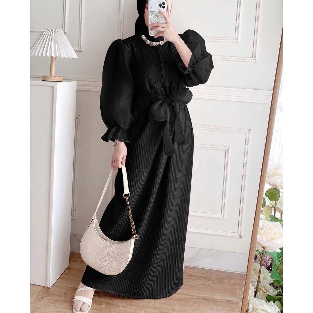 ELDE 12 - Dress Maxy Vienita maxi gamis Bahan Knit Mango Premium Bagian Lengan Lapis Organza, Kancin