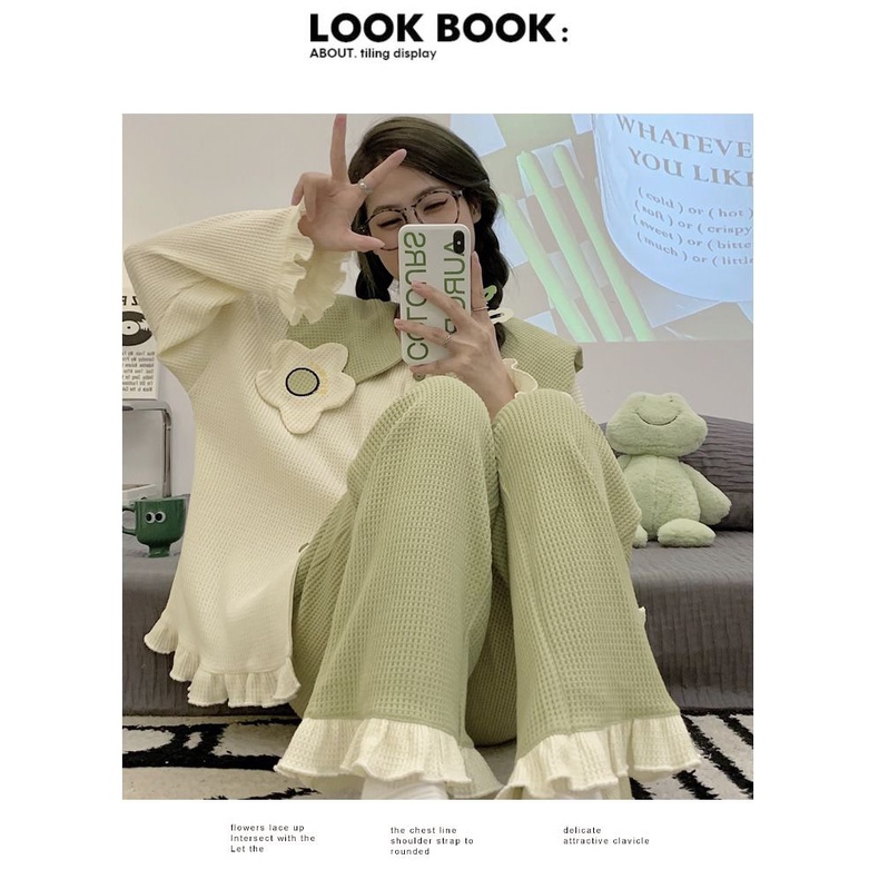 Wafel senior rasa piyama manis wanita musim semi musim gugur dan musim dingin mengacak-acak di luar