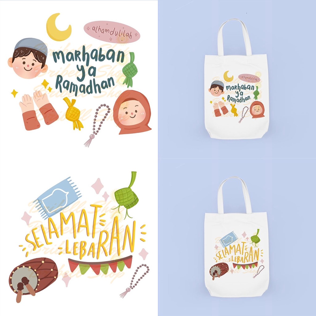 Bribell - Totebag Kanvas Bergambar Ramadhan Lebaran Vol 2 Hampers Bisa Cod