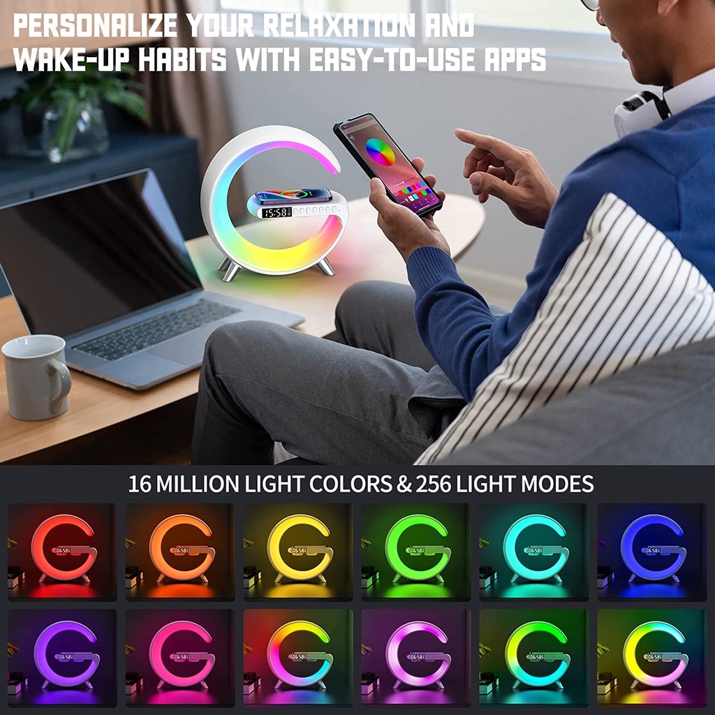 【2023 Terbaru】Lampu Malam LED Table Atmosphere RGB Light, Wireless Charger Lamp Desk Alarm, Portable Bluetooth Speaker Lamp, Clock Alarm Key and APP Control Multifunctional RGB Night Light