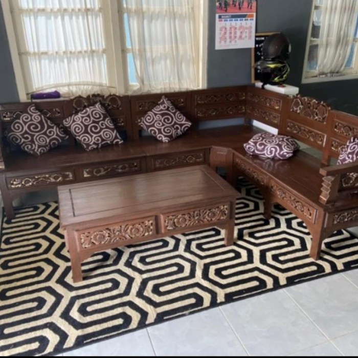 LJ1 kursi tamu kayu jati, kursi sudut, kursi sudut L