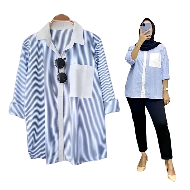 Ramdan Collection | Kemeja Mariska Atasan Wanita Salur Oversize S M L XL XXL XXXL XXXXL 3XL 4XL Kemeja Salur Jumbo Lengan Panjang Import OOTD Model Korean Style