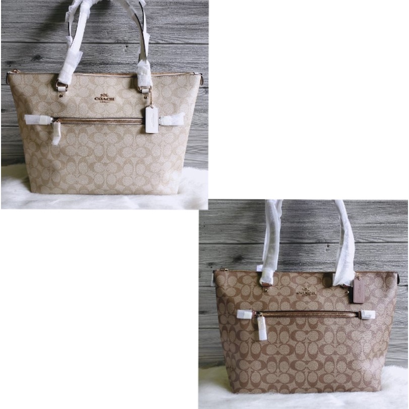 tas BRANDED ORI F79609 Signature Gallery Tote Bag Khaki Saddle,Khaki Chalk