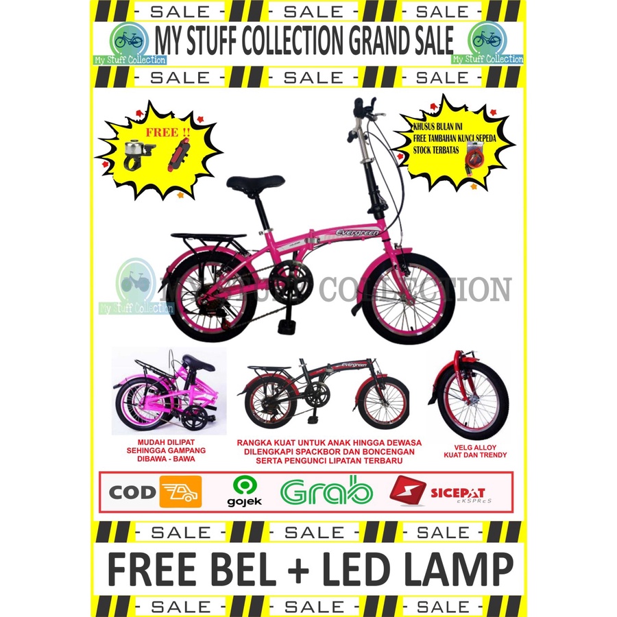 Sepeda Lipat Evergreen 16 inch 7 speed Spackbor + Boncengan Belakang - Biru