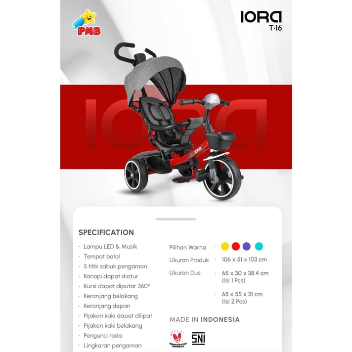 Sepeda Roda Tiga Anak PMB IORA TRICYCLE T16 terbaru Baby Tricycle termurah , sepeda anak murah