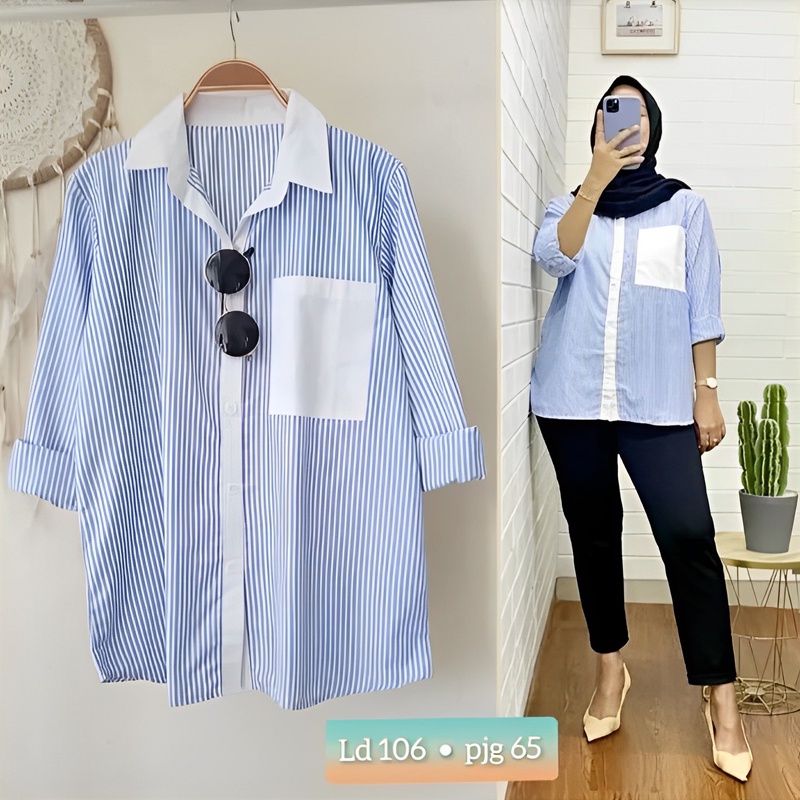 Ramdan Collection | Kemeja Mariska Atasan Wanita Salur Oversize S M L XL XXL XXXL XXXXL 3XL 4XL Kemeja Salur Jumbo Lengan Panjang Import OOTD Model Korean Style