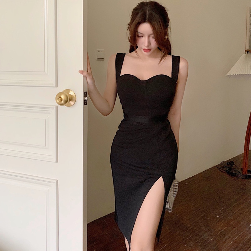 Red Gaun hitam kecil wanita musim panas baru temperamen retro kerah persegi gaun suspender pinggang tinggi seksi tas celah tinggi rok pinggul pasang