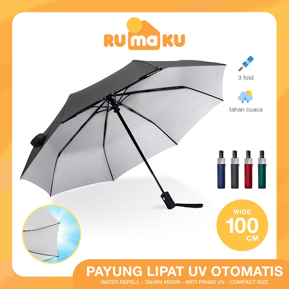 Rumaku Payung Lipat Polos Otomatis Buka Tutup Anti UV Lipat Tiga Premium Quality