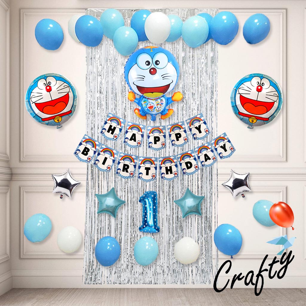 [PAKET] BIRTHDAY Set BANNER DORAEMON CURTAIN Dekorasi Pesta Ulang Tahun Anak