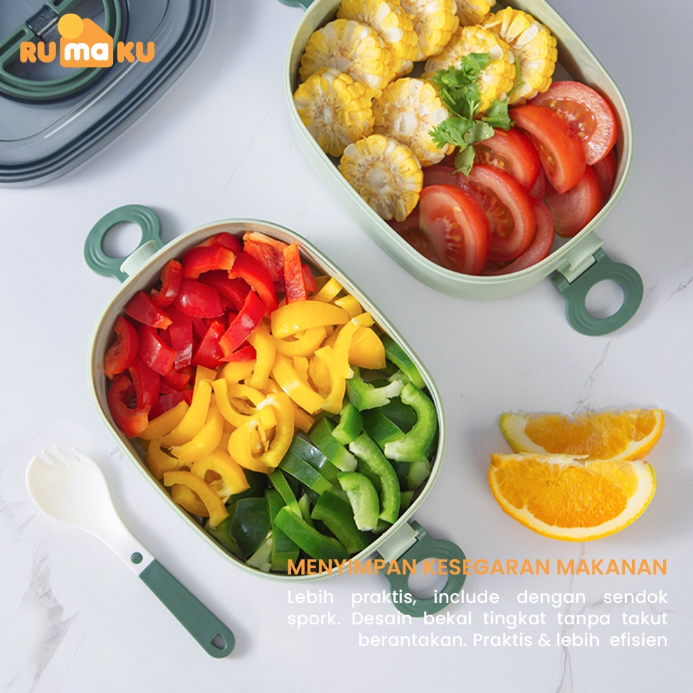 Rumaku Kotak Makan Bekal Tempat Makan Lunchbox 2 Layer Anti Tumpah 1400 ml Kapasitas Besar Gratis Sendok BPA FREE