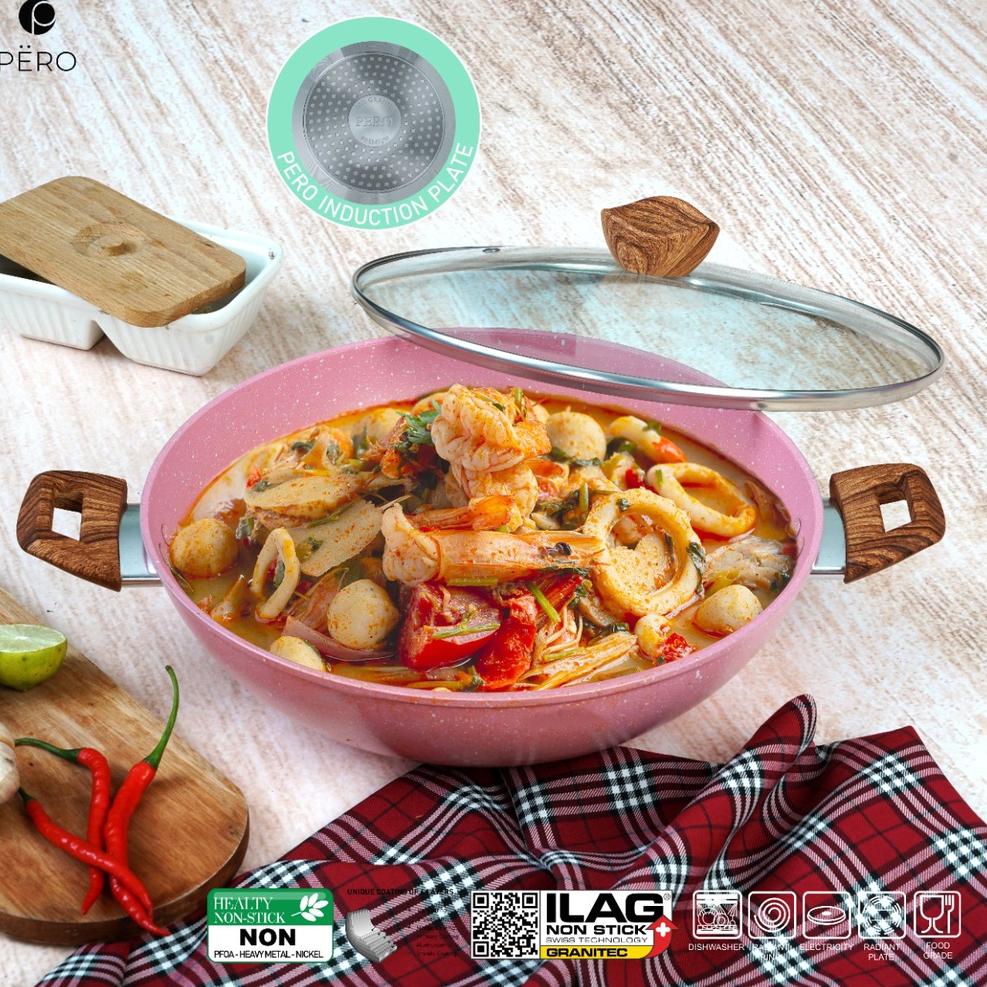 HARGA TERMURAH PERO WOK PAN 32CM + GLASS LID BIOGRANITE / NONSTICK / SEMI PRESTO COOKWARE