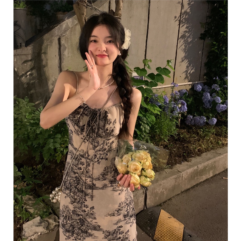 Red kumikumi keinginan murni angin lukisan tinta suspender rok pinggang celah gaun wanita musim semi tabir surya cardigan dua potong set