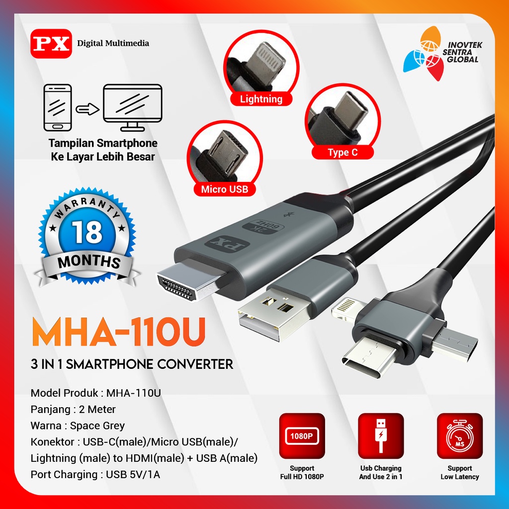 PX MHA-110U Kabel 3 in 1 Converter TV IOS Android - GARANSI RESMI