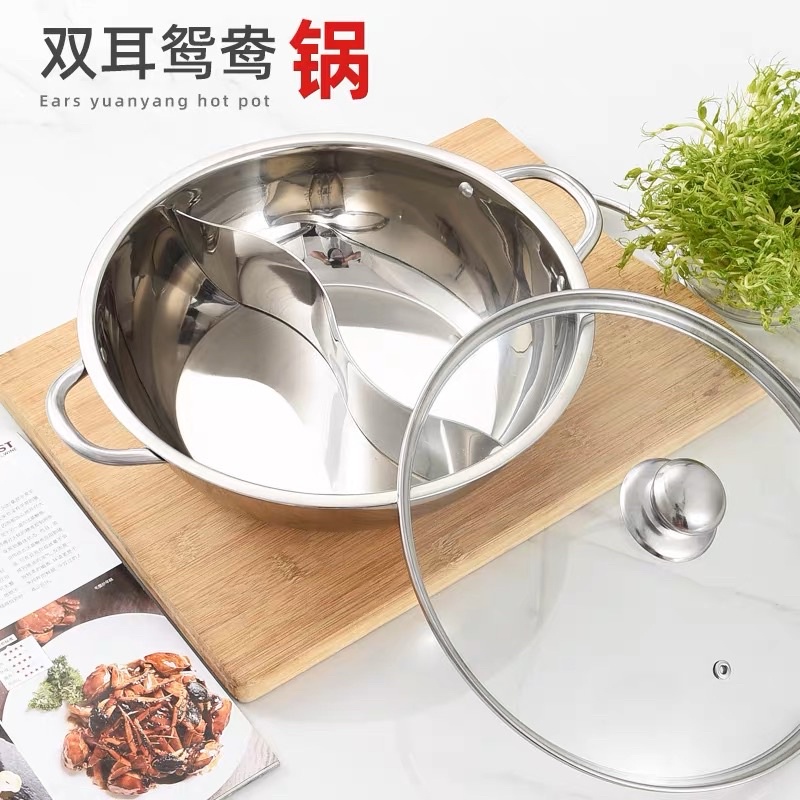 PANCI SHABU 2 SEKAT TUTUP KACA 28CM 30CM - PANCI HOT POT STAINLESS STEEL - STEAMBOAT REBUS - PANCI BUBUR 2 BAGIAN